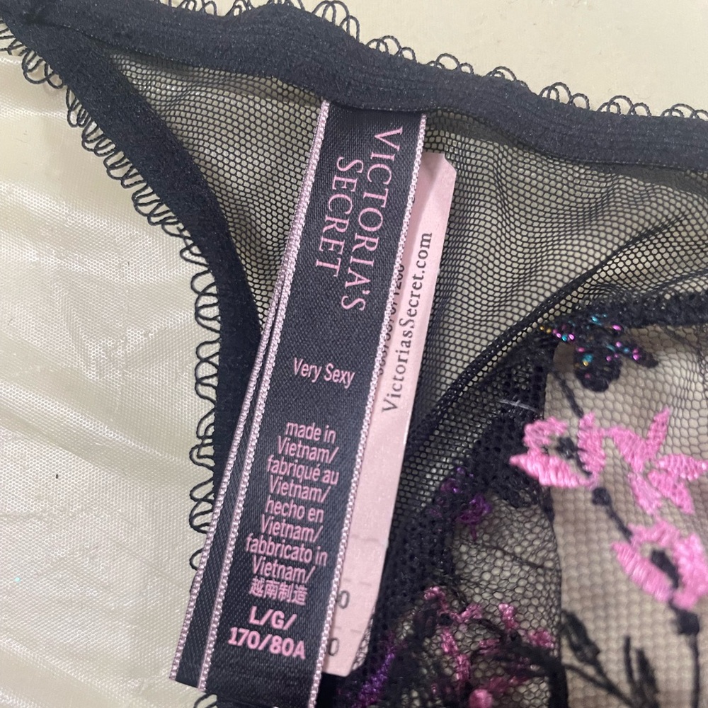 Victoria's Secret Embroidered Black Garter Belt with Purple & Pink Accents - Picture 2 of 10